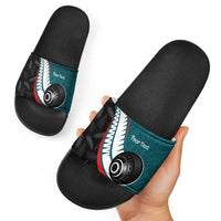 Personalised Aotearoa Lawn Bowls Slide Sandals Maori and Silver Fern Sporty Style Teal Color LT03 - Polynesian Pride