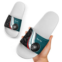 Personalised Aotearoa Lawn Bowls Slide Sandals Maori and Silver Fern Sporty Style Teal Color LT03 - Polynesian Pride