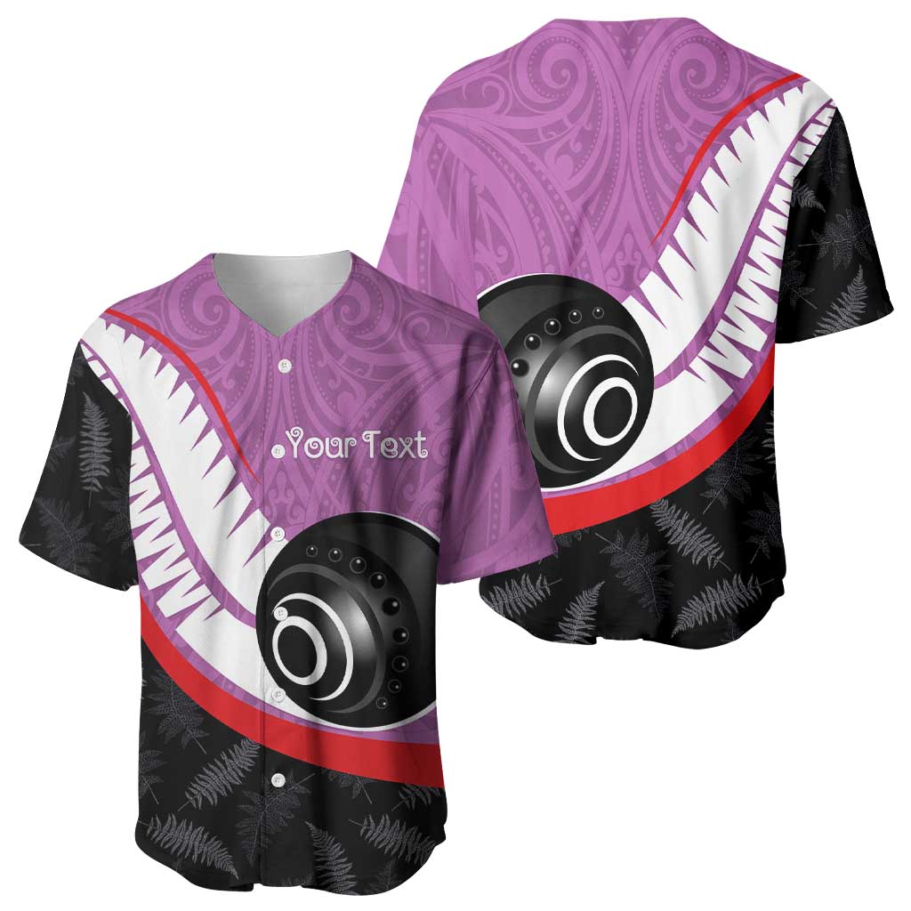 Personalised Aotearoa Lawn Bowls Baseball Jersey Maori and Silver Fern Sporty Style Pink Color LT03 - Polynesian Pride