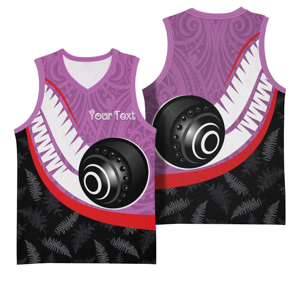 Personalised Aotearoa Lawn Bowls Basketball Jersey Maori and Silver Fern Sporty Style Pink Color - Polynesian Pride