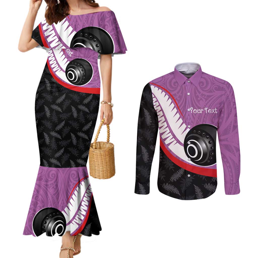 Personalised Aotearoa Lawn Bowls Couples Matching Mermaid Dress and Long Sleeve Button Shirt Maori and Silver Fern Sporty Style Pink Color - Polynesian Pride