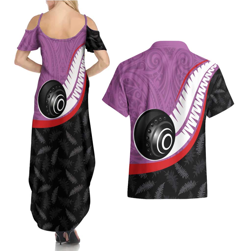 Personalised Aotearoa Lawn Bowls Couples Matching Summer Maxi Dress and Hawaiian Shirt Maori and Silver Fern Sporty Style Pink Color - Polynesian Pride