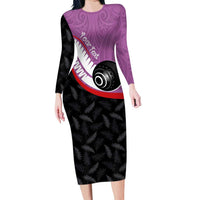 Personalised Aotearoa Lawn Bowls Family Matching Long Sleeve Bodycon Dress and Hawaiian Shirt Maori and Silver Fern Sporty Style Pink Color - Polynesian Pride