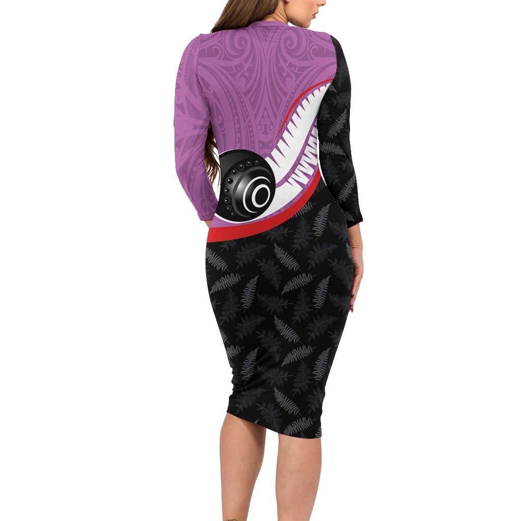 Personalised Aotearoa Lawn Bowls Family Matching Long Sleeve Bodycon Dress and Hawaiian Shirt Maori and Silver Fern Sporty Style Pink Color - Polynesian Pride