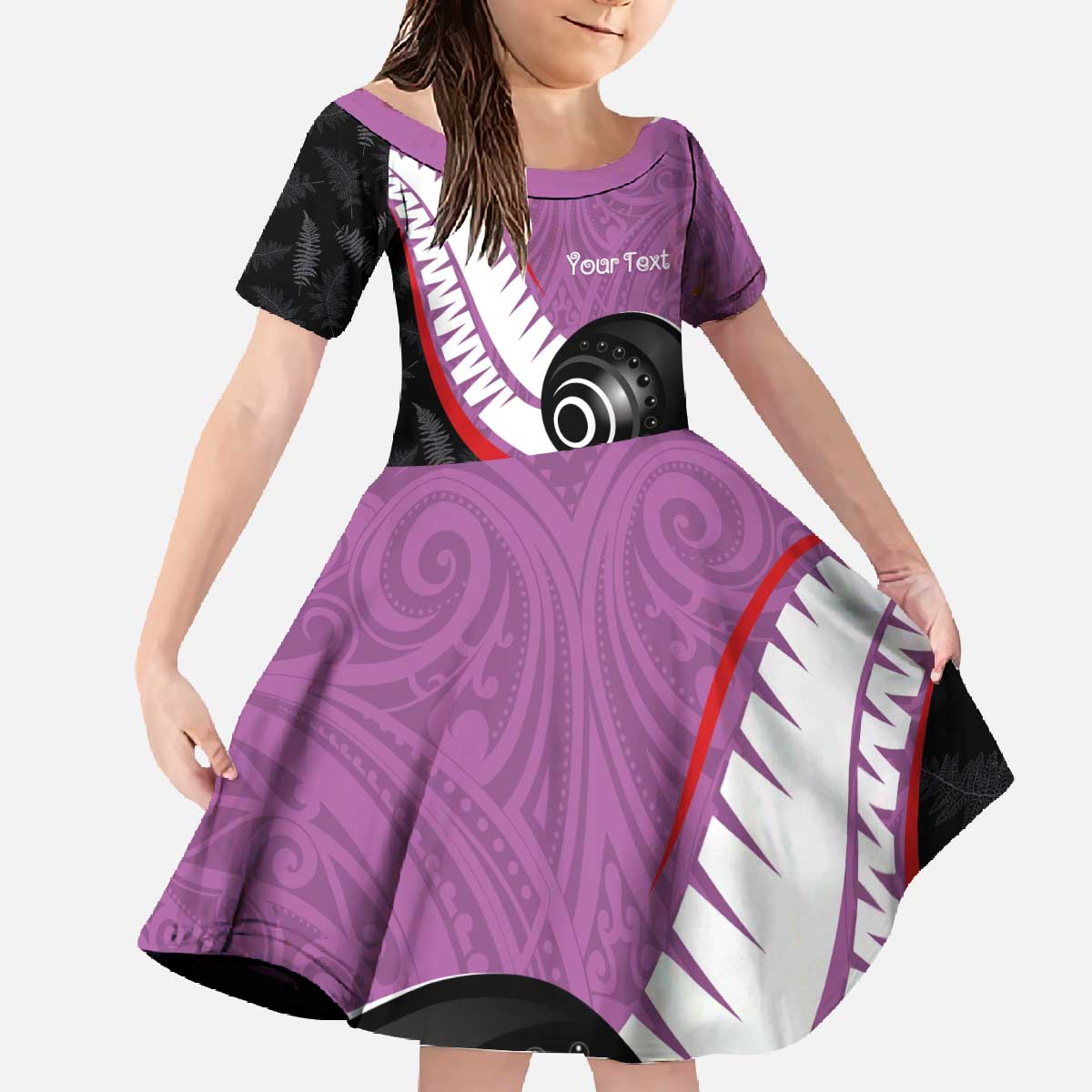 Personalised Aotearoa Lawn Bowls Family Matching Off The Shoulder Long Sleeve Dress and Hawaiian Shirt Maori and Silver Fern Sporty Style Pink Color LT03 Daughter's Dress Pink - Polynesian Pride