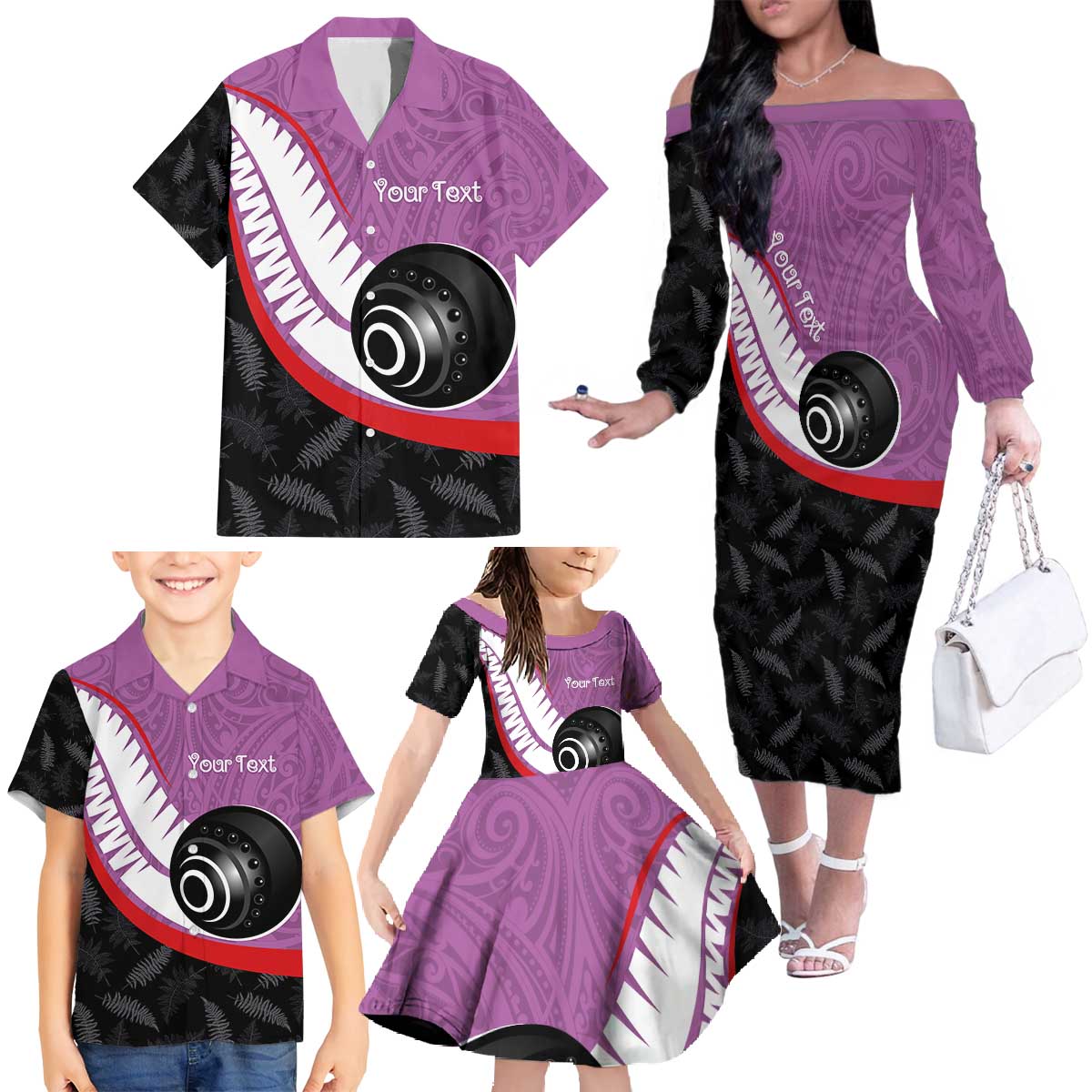 Personalised Aotearoa Lawn Bowls Family Matching Off The Shoulder Long Sleeve Dress and Hawaiian Shirt Maori and Silver Fern Sporty Style Pink Color LT03 - Polynesian Pride