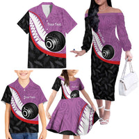 Personalised Aotearoa Lawn Bowls Family Matching Off The Shoulder Long Sleeve Dress and Hawaiian Shirt Maori and Silver Fern Sporty Style Pink Color LT03 - Polynesian Pride