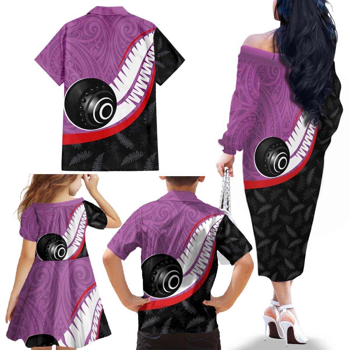 Personalised Aotearoa Lawn Bowls Family Matching Off The Shoulder Long Sleeve Dress and Hawaiian Shirt Maori and Silver Fern Sporty Style Pink Color LT03 - Polynesian Pride