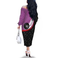 Personalised Aotearoa Lawn Bowls Family Matching Off The Shoulder Long Sleeve Dress and Hawaiian Shirt Maori and Silver Fern Sporty Style Pink Color LT03 - Polynesian Pride