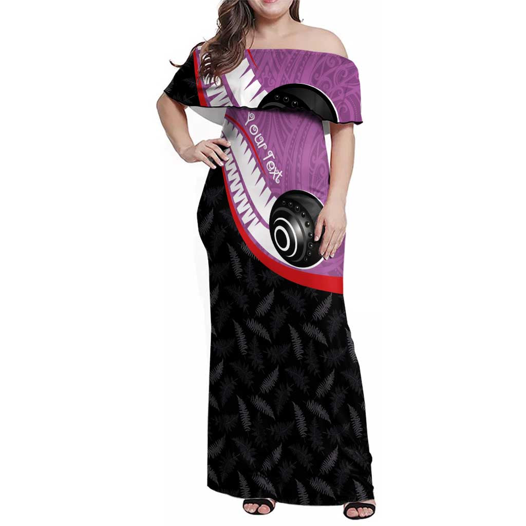 Personalised Aotearoa Lawn Bowls Family Matching Off Shoulder Maxi Dress and Hawaiian Shirt Maori and Silver Fern Sporty Style Pink Color - Polynesian Pride