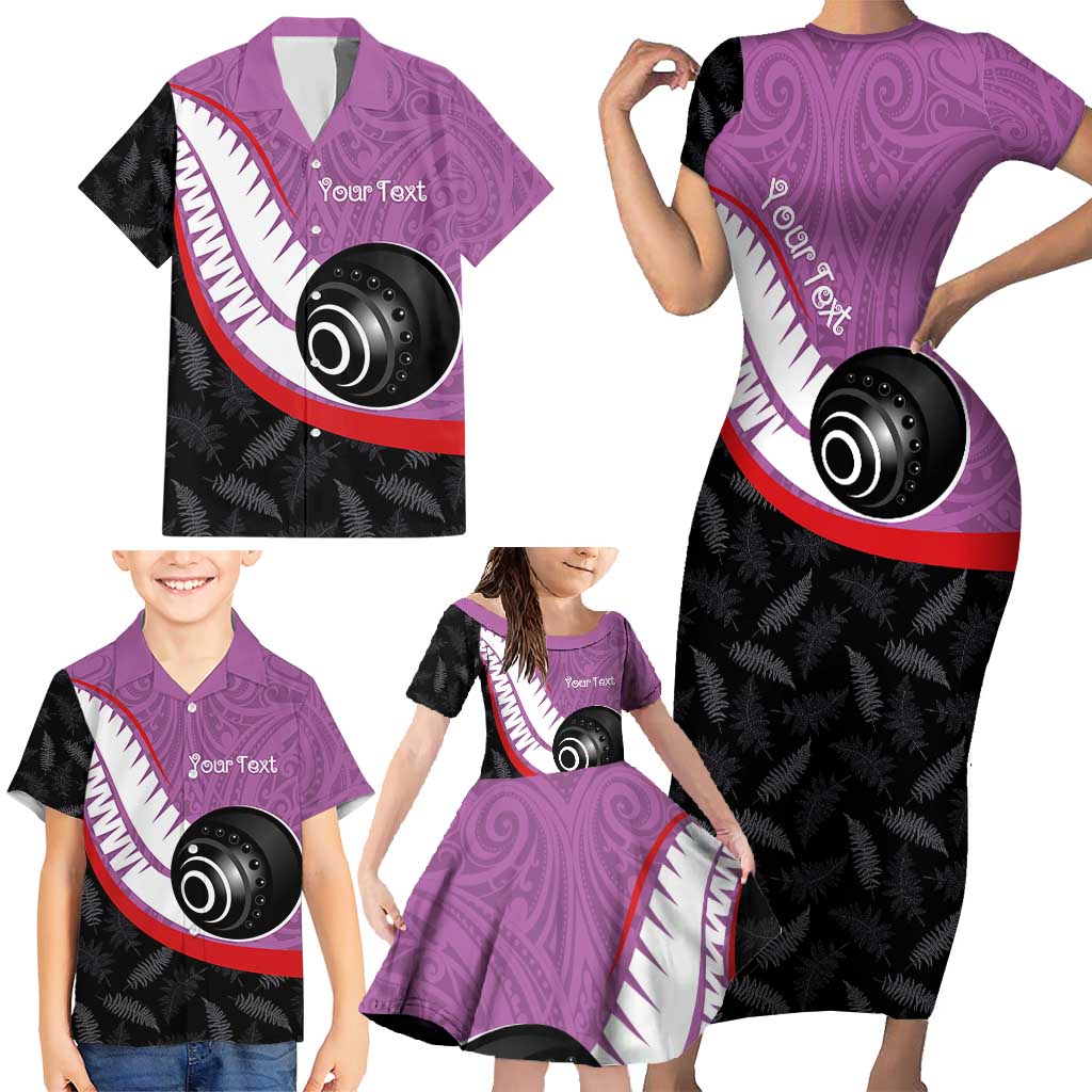 Personalised Aotearoa Lawn Bowls Family Matching Short Sleeve Bodycon Dress and Hawaiian Shirt Maori and Silver Fern Sporty Style Pink Color LT03 - Polynesian Pride
