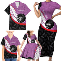 Personalised Aotearoa Lawn Bowls Family Matching Short Sleeve Bodycon Dress and Hawaiian Shirt Maori and Silver Fern Sporty Style Pink Color LT03 - Polynesian Pride