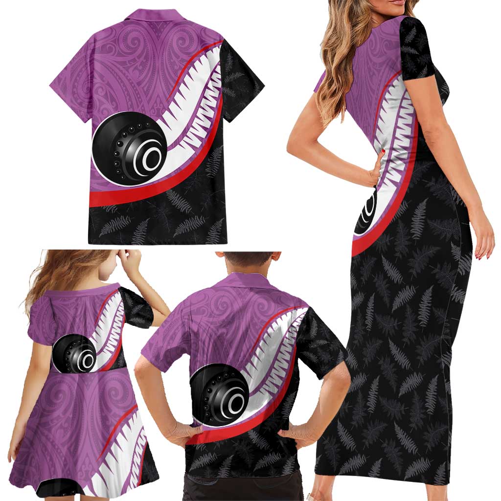 Personalised Aotearoa Lawn Bowls Family Matching Short Sleeve Bodycon Dress and Hawaiian Shirt Maori and Silver Fern Sporty Style Pink Color LT03 - Polynesian Pride
