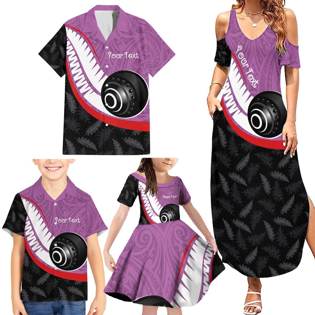 Personalised Aotearoa Lawn Bowls Family Matching Summer Maxi Dress and Hawaiian Shirt Maori and Silver Fern Sporty Style Pink Color LT03 - Polynesian Pride