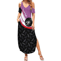 Personalised Aotearoa Lawn Bowls Family Matching Summer Maxi Dress and Hawaiian Shirt Maori and Silver Fern Sporty Style Pink Color LT03 Mom's Dress Pink - Polynesian Pride