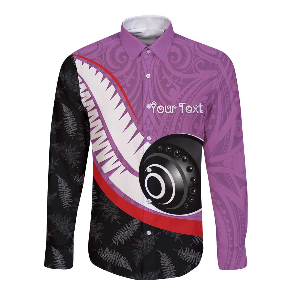 Personalised Aotearoa Lawn Bowls Long Sleeve Button Shirt Maori and Silver Fern Sporty Style Pink Color - Polynesian Pride
