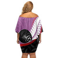 Personalised Aotearoa Lawn Bowls Off Shoulder Short Dress Maori and Silver Fern Sporty Style Pink Color - Polynesian Pride