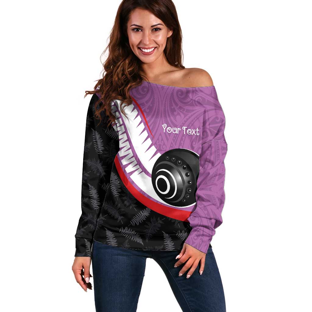Personalised Aotearoa Lawn Bowls Off Shoulder Sweater Maori and Silver Fern Sporty Style Pink Color LT03 Women Pink - Polynesian Pride