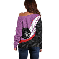 Personalised Aotearoa Lawn Bowls Off Shoulder Sweater Maori and Silver Fern Sporty Style Pink Color LT03 - Polynesian Pride