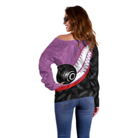Personalised Aotearoa Lawn Bowls Off Shoulder Sweater Maori and Silver Fern Sporty Style Pink Color LT03 - Polynesian Pride