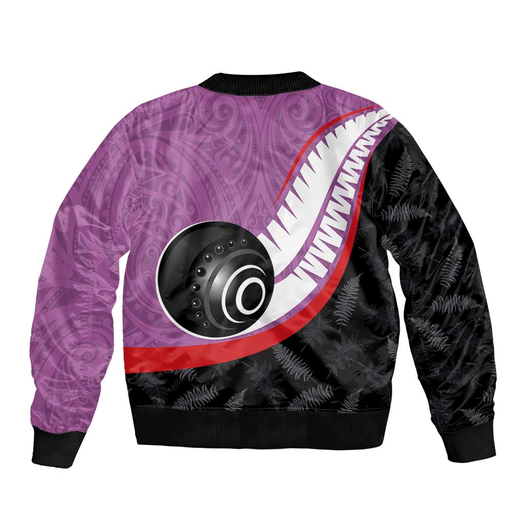 Personalised Aotearoa Lawn Bowls Sleeve Zip Bomber Jacket Maori and Silver Fern Sporty Style Pink Color LT03 - Polynesian Pride