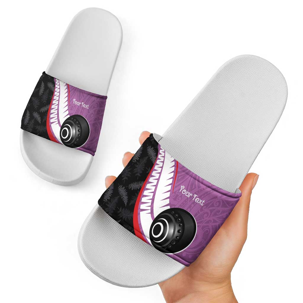 Personalised Aotearoa Lawn Bowls Slide Sandals Maori and Silver Fern Sporty Style Pink Color LT03 - Polynesian Pride