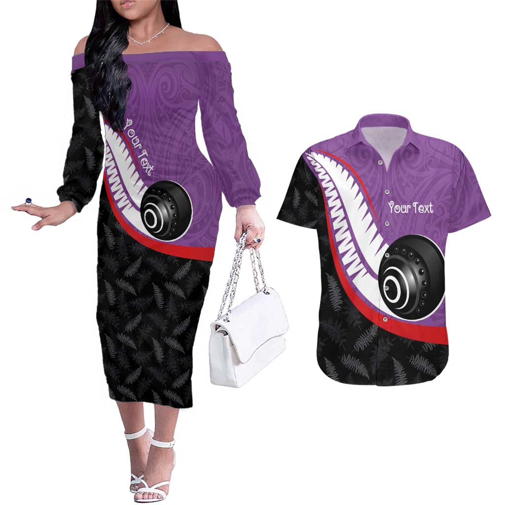 Personalised Aotearoa Lawn Bowls Couples Matching Off The Shoulder Long Sleeve Dress and Hawaiian Shirt Maori and Silver Fern Sporty Style Purple Color LT03 Purple - Polynesian Pride