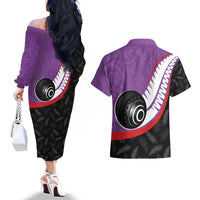 Personalised Aotearoa Lawn Bowls Couples Matching Off The Shoulder Long Sleeve Dress and Hawaiian Shirt Maori and Silver Fern Sporty Style Purple Color LT03 - Polynesian Pride
