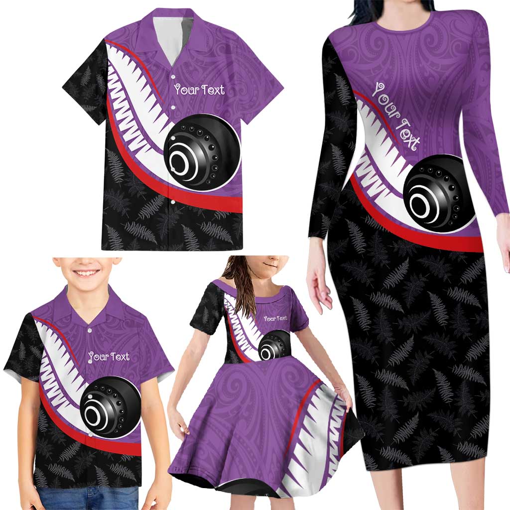 Personalised Aotearoa Lawn Bowls Family Matching Long Sleeve Bodycon Dress and Hawaiian Shirt Maori and Silver Fern Sporty Style Purple Color LT03 - Polynesian Pride