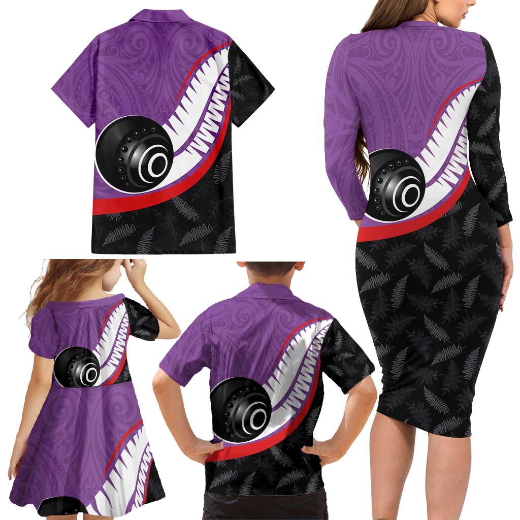 Personalised Aotearoa Lawn Bowls Family Matching Long Sleeve Bodycon Dress and Hawaiian Shirt Maori and Silver Fern Sporty Style Purple Color LT03 - Polynesian Pride
