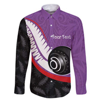 Personalised Aotearoa Lawn Bowls Family Matching Long Sleeve Bodycon Dress and Hawaiian Shirt Maori and Silver Fern Sporty Style Purple Color LT03 Dad's Shirt - Long Sleeve Purple - Polynesian Pride