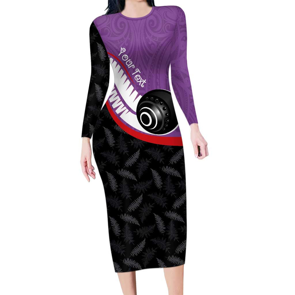 Personalised Aotearoa Lawn Bowls Family Matching Long Sleeve Bodycon Dress and Hawaiian Shirt Maori and Silver Fern Sporty Style Purple Color LT03 Mom's Dress Purple - Polynesian Pride