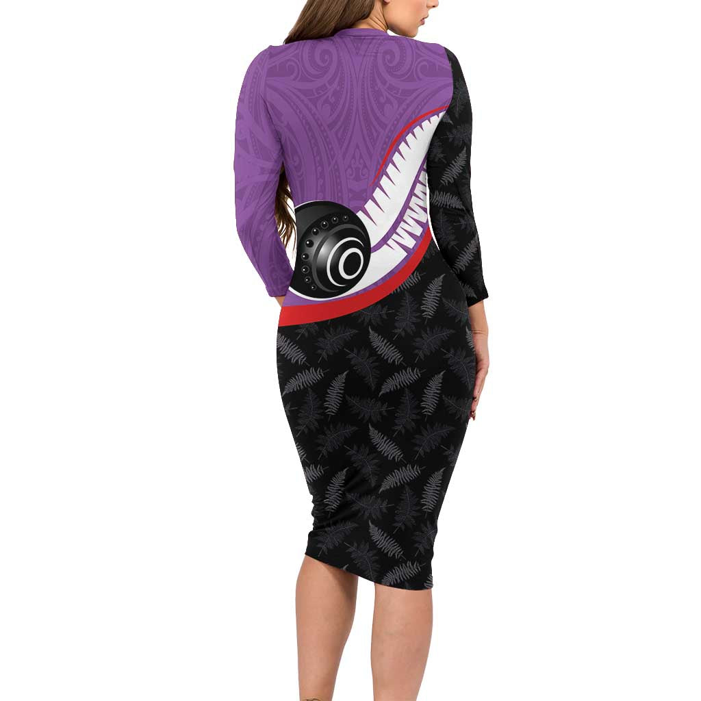 Personalised Aotearoa Lawn Bowls Family Matching Long Sleeve Bodycon Dress and Hawaiian Shirt Maori and Silver Fern Sporty Style Purple Color LT03 - Polynesian Pride