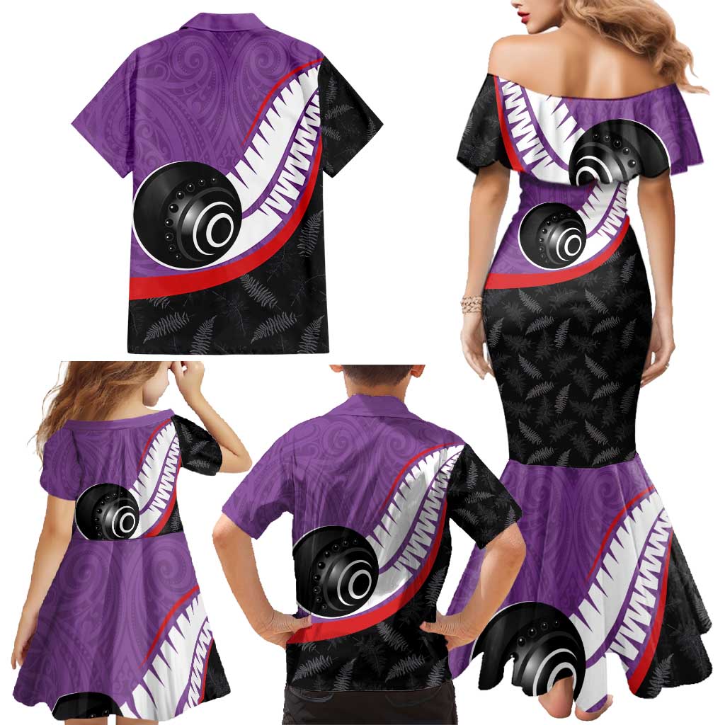Personalised Aotearoa Lawn Bowls Family Matching Mermaid Dress and Hawaiian Shirt Maori and Silver Fern Sporty Style Purple Color LT03 - Polynesian Pride