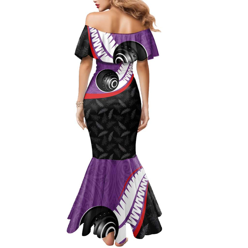 Personalised Aotearoa Lawn Bowls Family Matching Mermaid Dress and Hawaiian Shirt Maori and Silver Fern Sporty Style Purple Color LT03 - Polynesian Pride