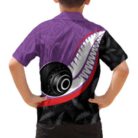 Personalised Aotearoa Lawn Bowls Family Matching Off The Shoulder Long Sleeve Dress and Hawaiian Shirt Maori and Silver Fern Sporty Style Purple Color LT03 - Polynesian Pride
