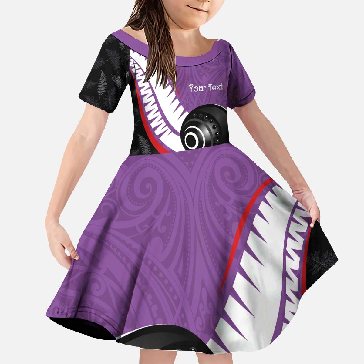 Personalised Aotearoa Lawn Bowls Family Matching Off The Shoulder Long Sleeve Dress and Hawaiian Shirt Maori and Silver Fern Sporty Style Purple Color LT03 Daughter's Dress Purple - Polynesian Pride