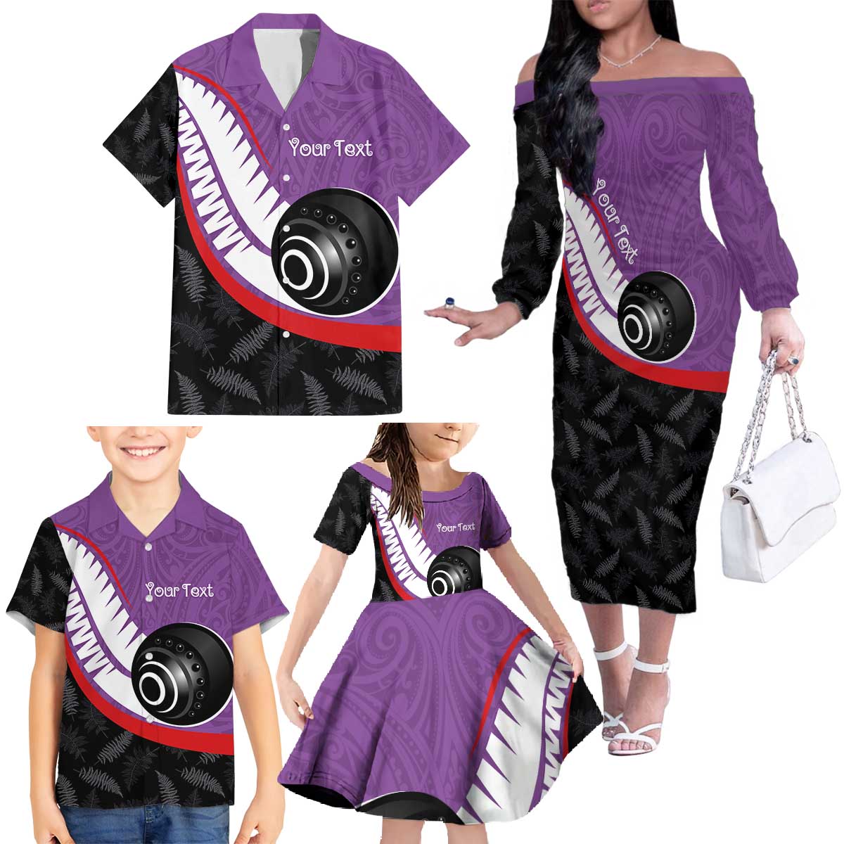 Personalised Aotearoa Lawn Bowls Family Matching Off The Shoulder Long Sleeve Dress and Hawaiian Shirt Maori and Silver Fern Sporty Style Purple Color LT03 - Polynesian Pride
