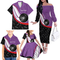 Personalised Aotearoa Lawn Bowls Family Matching Off The Shoulder Long Sleeve Dress and Hawaiian Shirt Maori and Silver Fern Sporty Style Purple Color LT03 - Polynesian Pride