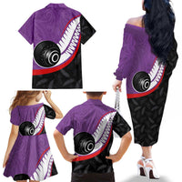 Personalised Aotearoa Lawn Bowls Family Matching Off The Shoulder Long Sleeve Dress and Hawaiian Shirt Maori and Silver Fern Sporty Style Purple Color LT03 - Polynesian Pride