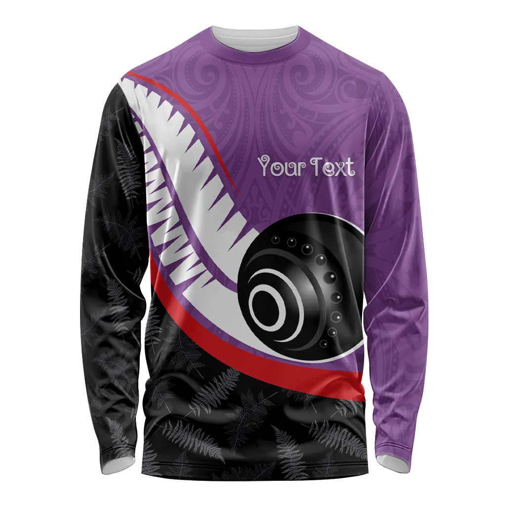 Personalised Aotearoa Lawn Bowls Long Sleeve Shirt Maori and Silver Fern Sporty Style Purple Color LT03 Unisex Purple - Polynesian Pride