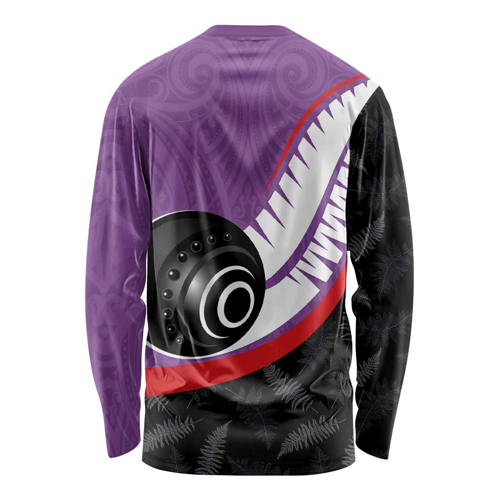 Personalised Aotearoa Lawn Bowls Long Sleeve Shirt Maori and Silver Fern Sporty Style Purple Color LT03 - Polynesian Pride