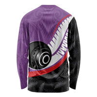 Personalised Aotearoa Lawn Bowls Long Sleeve Shirt Maori and Silver Fern Sporty Style Purple Color LT03 - Polynesian Pride