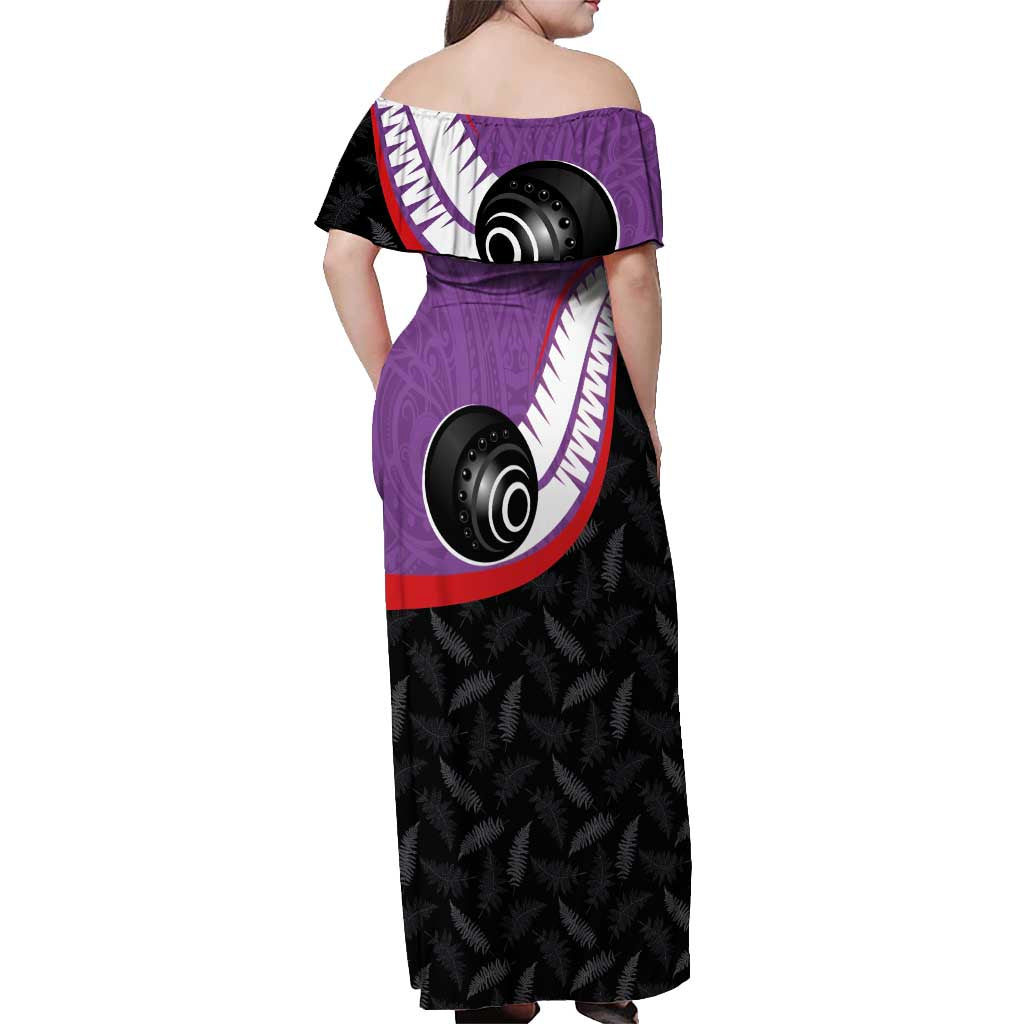 Personalised Aotearoa Lawn Bowls Off Shoulder Maxi Dress Maori and Silver Fern Sporty Style Purple Color - Polynesian Pride