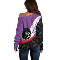 Personalised Aotearoa Lawn Bowls Off Shoulder Sweater Maori and Silver Fern Sporty Style Purple Color LT03 - Polynesian Pride