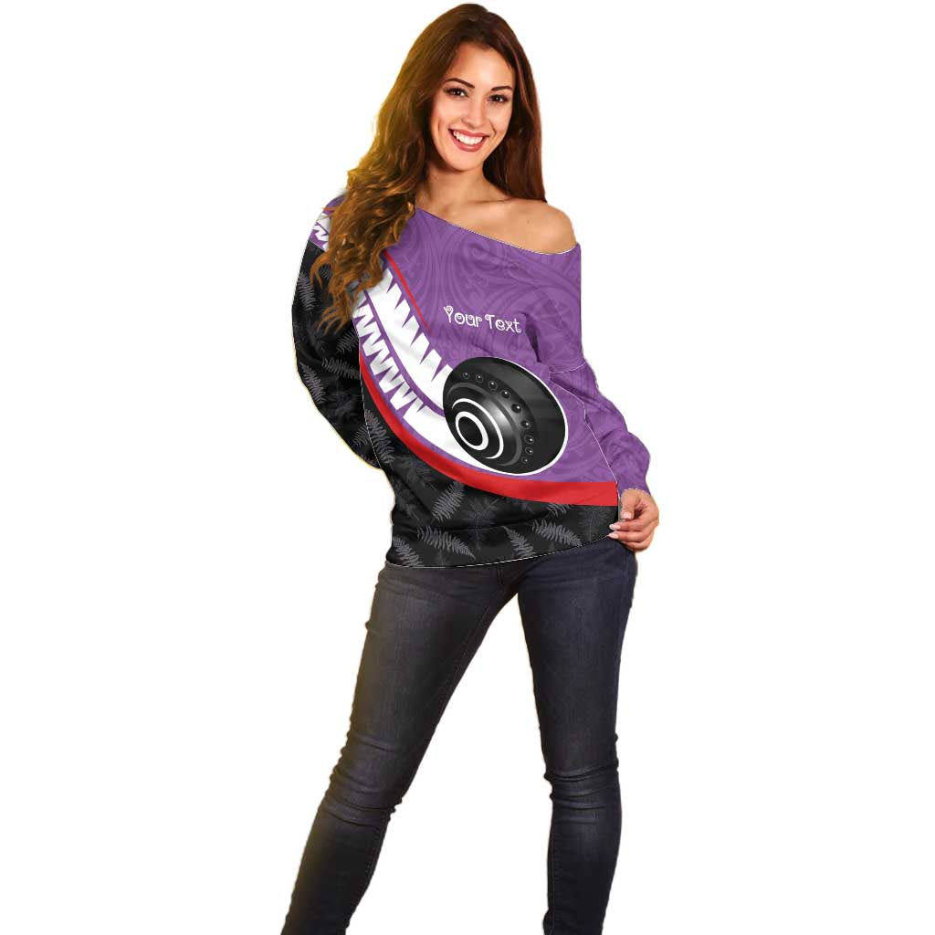 Personalised Aotearoa Lawn Bowls Off Shoulder Sweater Maori and Silver Fern Sporty Style Purple Color LT03 - Polynesian Pride