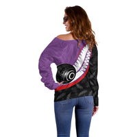 Personalised Aotearoa Lawn Bowls Off Shoulder Sweater Maori and Silver Fern Sporty Style Purple Color LT03 - Polynesian Pride
