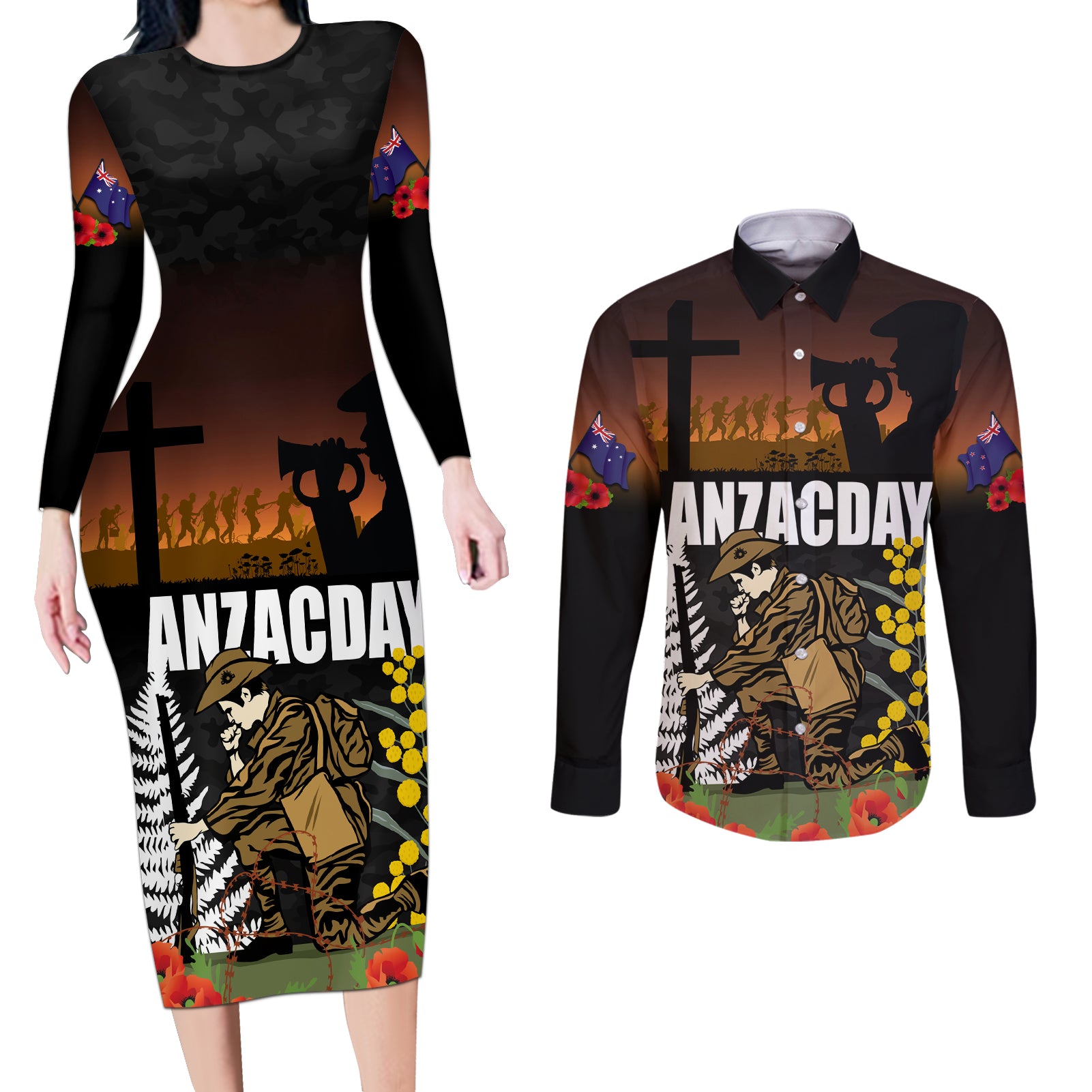 New Zealand and Australia ANZAC Day Couples Matching Long Sleeve Bodycon Dress and Long Sleeve Button Shirt Soldier and Last Post Camouflage Pattern LT03 Black - Polynesian Pride
