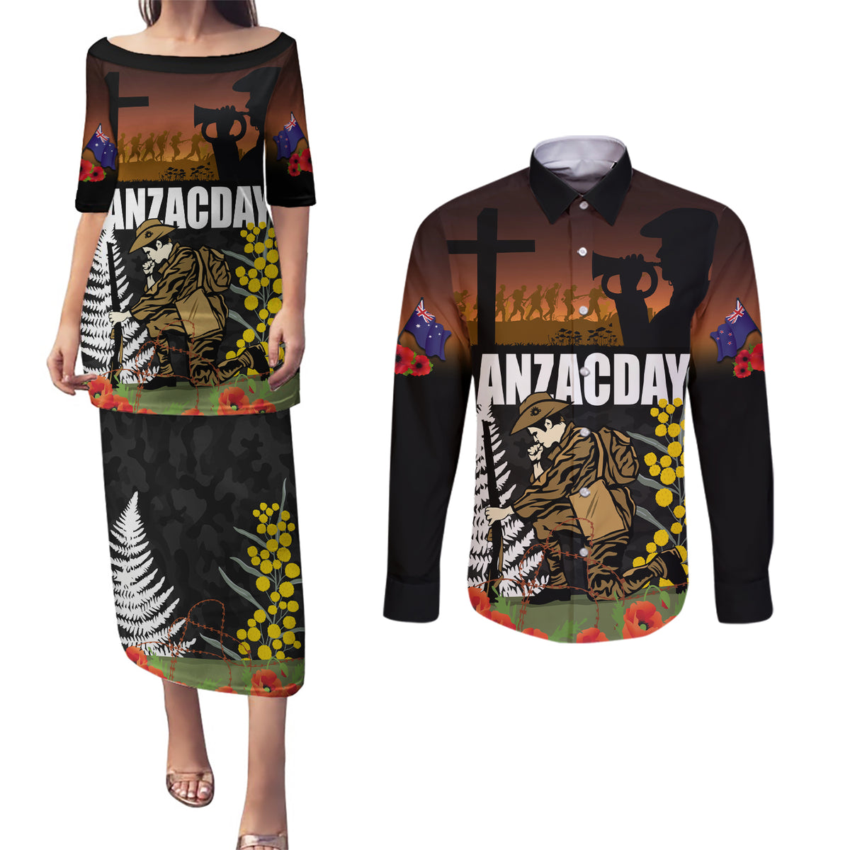 New Zealand and Australia ANZAC Day Couples Matching Puletasi and Long Sleeve Button Shirt Soldier and Last Post Camouflage Pattern LT03 Black - Polynesian Pride