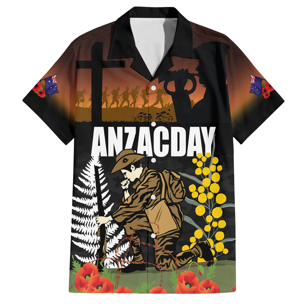 New Zealand and Australia ANZAC Day Family Matching Puletasi and Hawaiian Shirt Soldier and Last Post Camouflage Pattern LT03 Dad's Shirt - Short Sleeve Black - Polynesian Pride